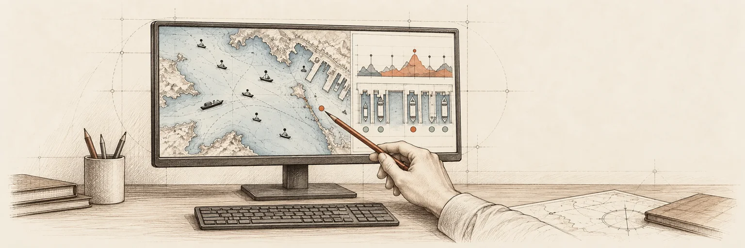 Ilustración panorámica a tinta de un monitor de ordenador convencional con soporte, un mapa y estadísticas que consulta un operador.
