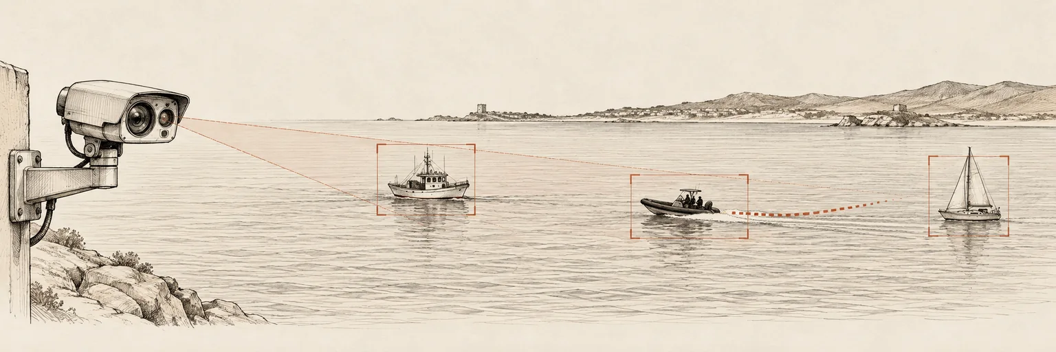 Ilustración panorámica a tinta de una cámara costera que detecta y sigue embarcaciones en una bahía.
