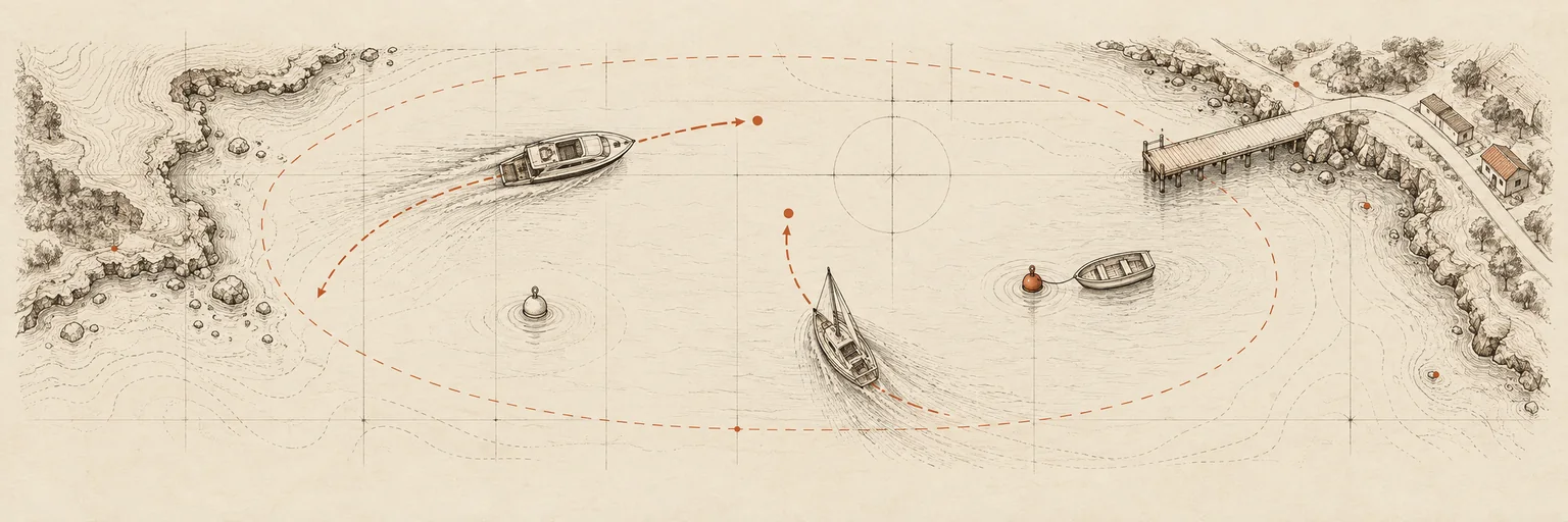 Ilustración panorámica a tinta de una bahía con embarcaciones, trayectorias y boyas ocupadas y libres.