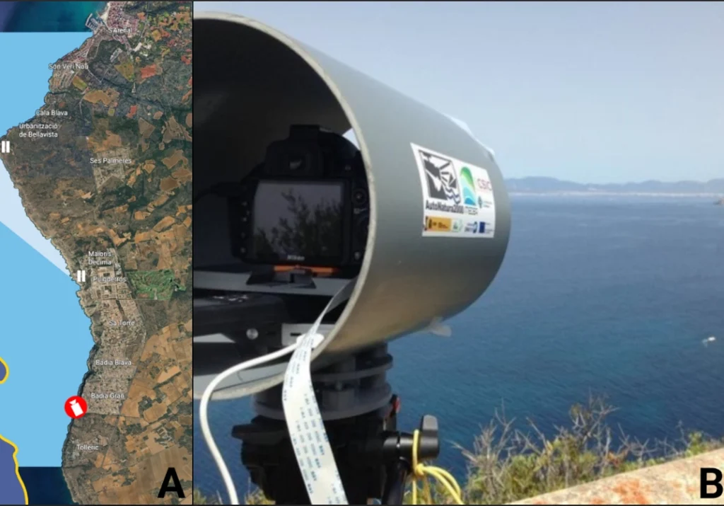 Equipo de observación situado frente a un entorno costero.
